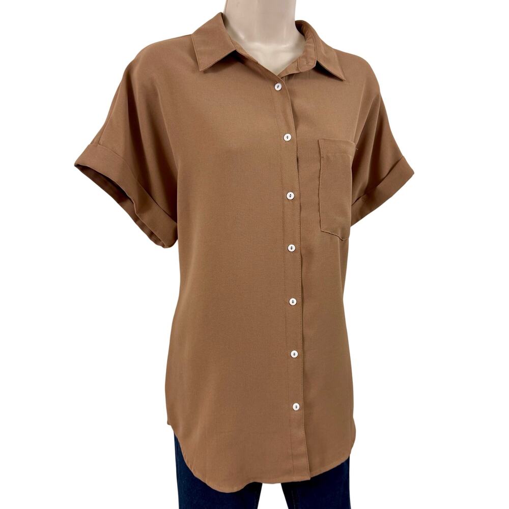 Beautife Tan Short Sleeve Button Front Blouse - Picture 6 of 16